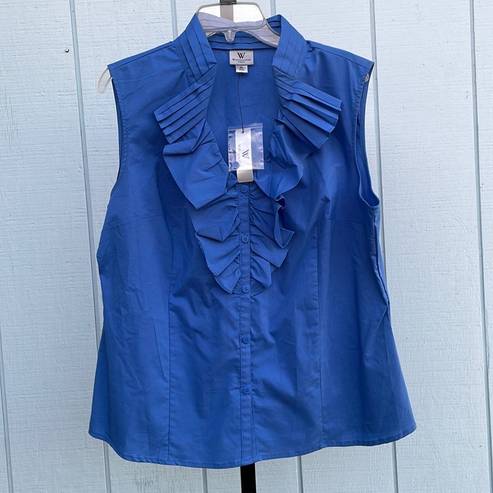 Worthington Stretch Blue Ruffle Blouse Sleeveless XL
